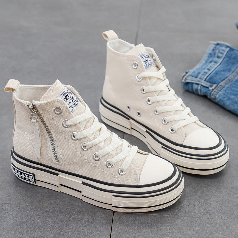 Women's Korean Style Side Zipper Black Female White Canvas Shoes Newgew