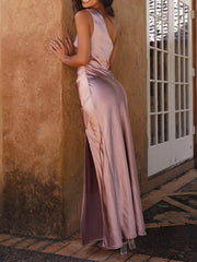 Temperament Slim Fit One Shoulder Split Satin Dress Newgew Dresses