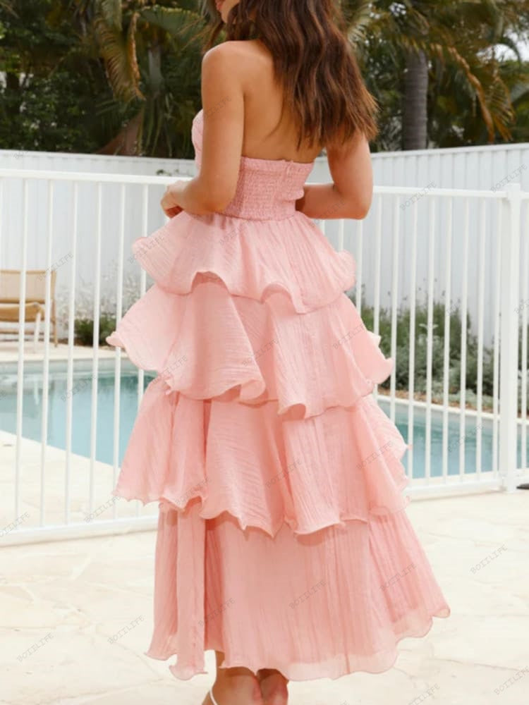 Chic Strapless Backless Tiered Midi Dress Newgew Dresses