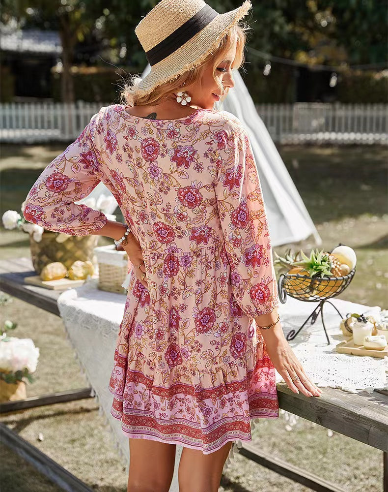 V-neck Printed Casual Bohemian Short Dress Newgew Dresses