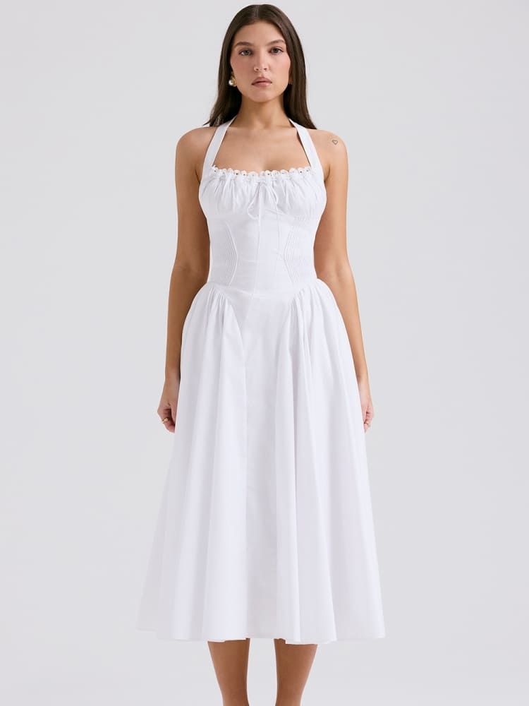 White Backless Halter Midi Dress Newgew Dresses