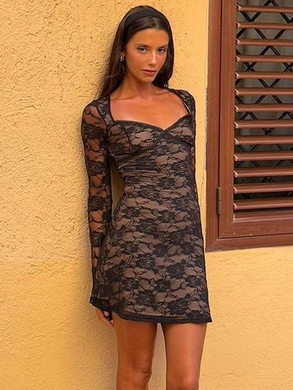 Lace Print U Neck Long Sleeve Mini Dress Newgew Dresses