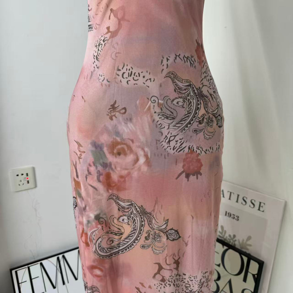 Neck-Length Fitted Printed A-Line Dress PinTow