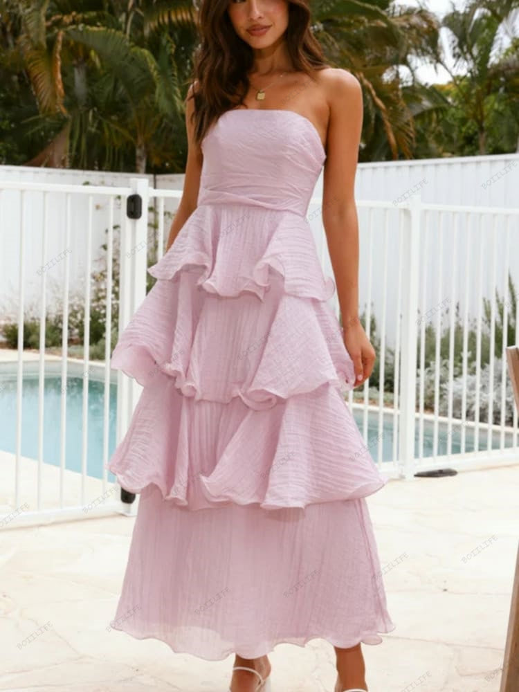 Chic Strapless Backless Tiered Midi Dress Newgew Dresses