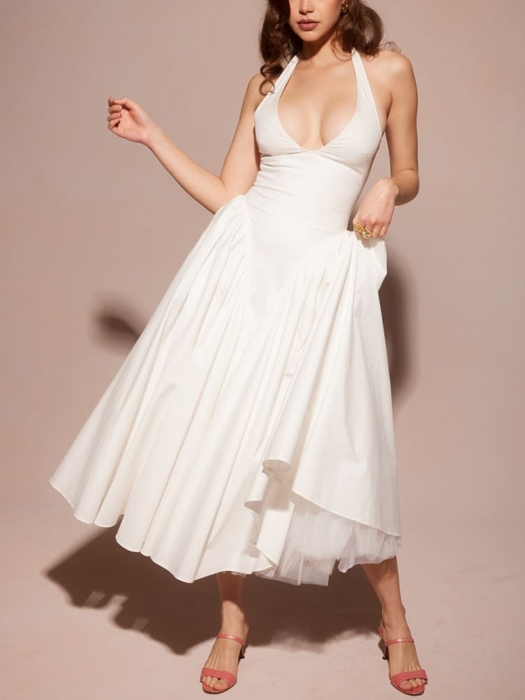 White Cotton Halter Midi Sundress Newgew Dresses