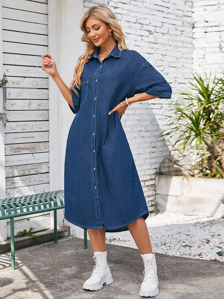 Washed Casual Short-Sleeve Denim Maxi Dress Newgew Dresses