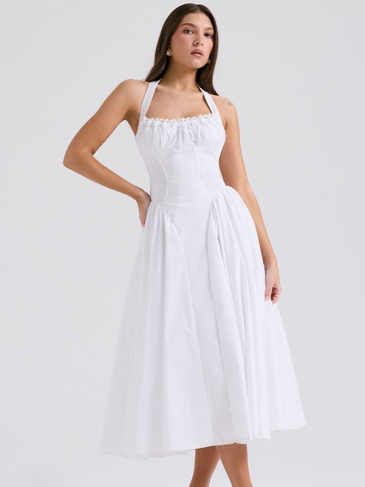 White Backless Halter Midi Dress Newgew Dresses