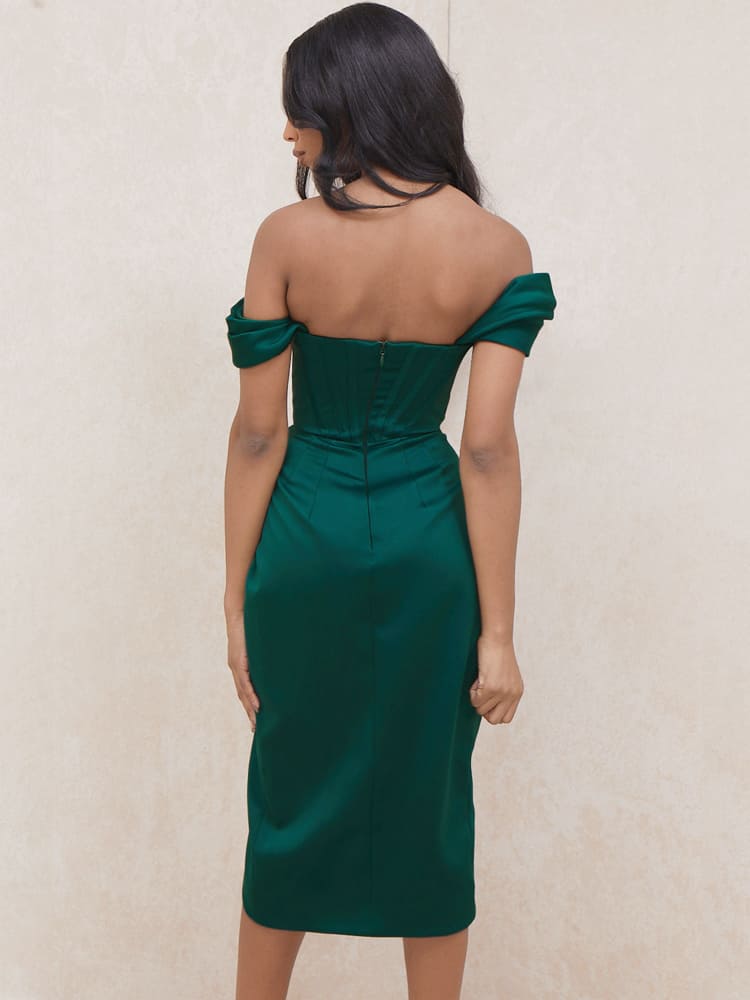 Cap Shoulder Corset Bodycon Midi Dress - Dark Green Newgew Dresses