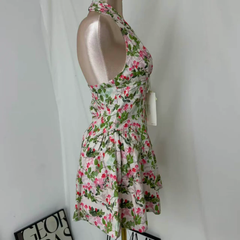 Deep V-Neck Halter Dress With Vintage Print PinTow