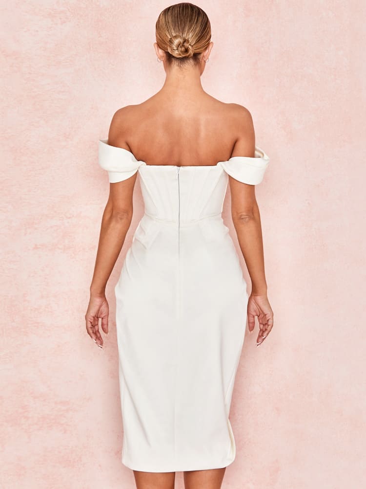 Cap Shoulder Corset Bodycon Midi Dress - White Newgew Dresses
