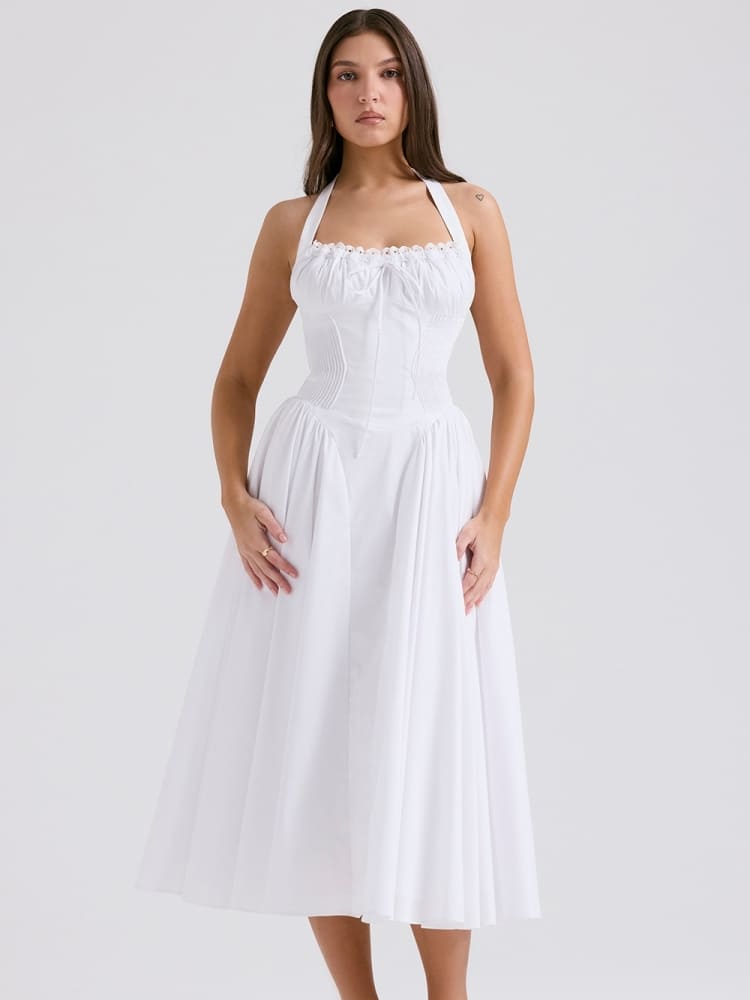 White Backless Halter Midi Dress Newgew Dresses