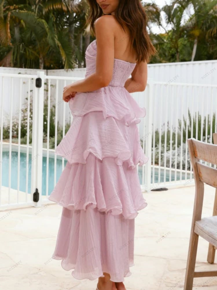 Chic Strapless Backless Tiered Midi Dress Newgew Dresses