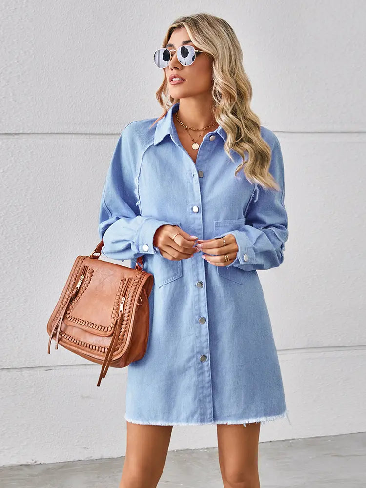 Washed Denim Fringe Patchwork Dress Newgew Dresses