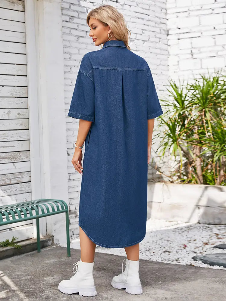 Washed Casual Short-Sleeve Denim Maxi Dress Newgew Dresses