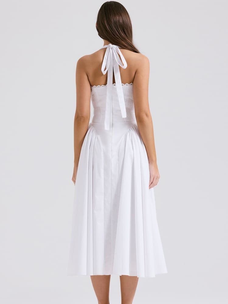 White Backless Halter Midi Dress Newgew Dresses