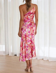 Pink Floral One Shoulder Ruched Satin Dress Newgew Dresses