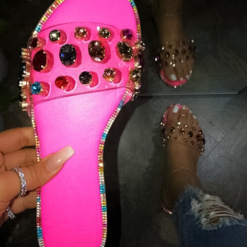 Fashion All-match Crystal Gem Flat Slippers NewGew