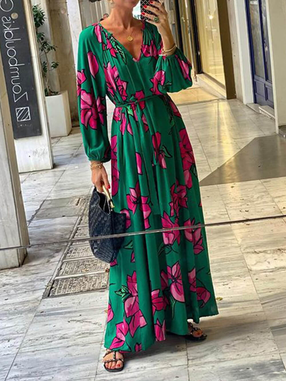 Fashion Printed V-Neck Holiday Beach Dresses Newgew Dresses