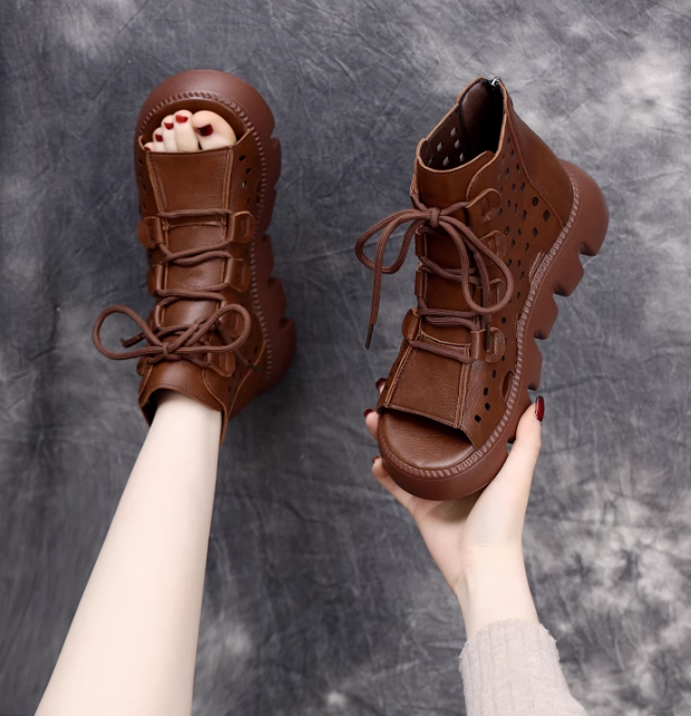 Women Leather Peep Toe Casual Platform Sandals
