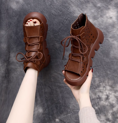 Women Leather Peep Toe Casual Platform Sandals