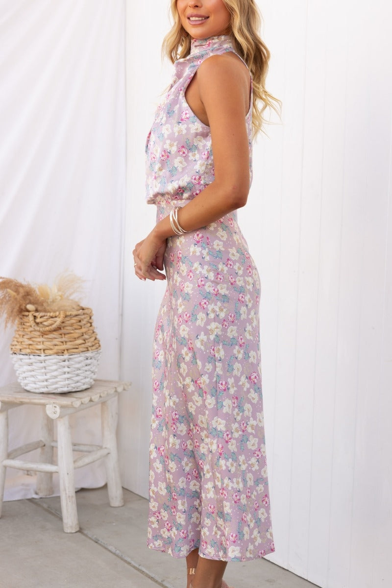 Wine Country Dates Floral Halter Neck Elastic Waist Maxi Dress Newgew Dresses