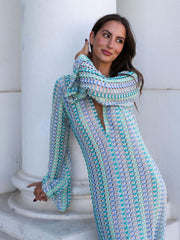 Boho V Neck Bell Sleeve Wavy Striped Crochet Beach Vacation Maxi Dress - Blue Newgew Dresses
