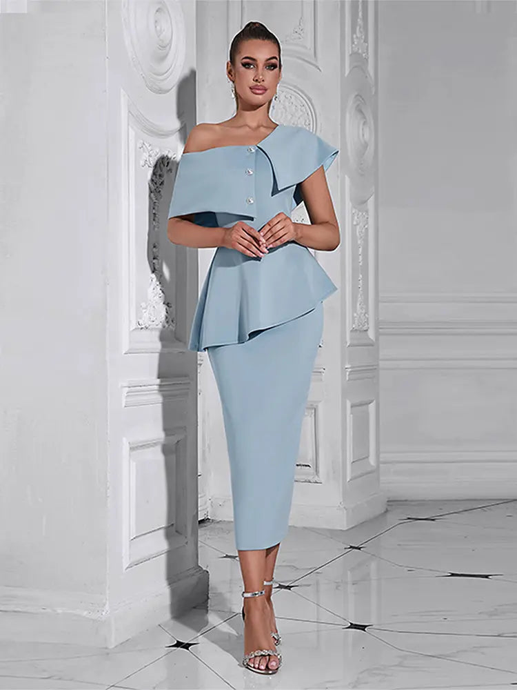 Blue Ruffled Off-Shoulder Dress Newgew Dresses