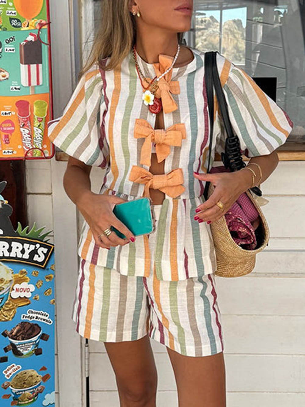 Striped Knotted Puff Sleeve Top and Elastic Waist Pocket Shorts Set Newgew Dresses