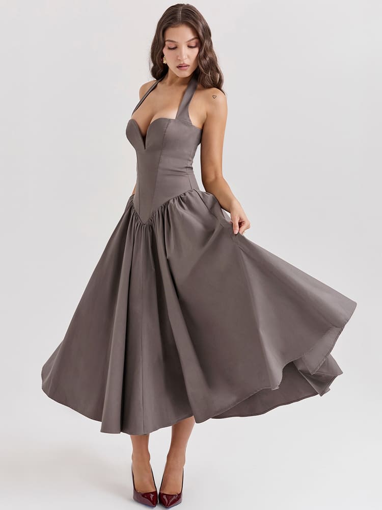 Halter Neck Midi Dress with Side Slit - Smoky Gray Newgew Dresses