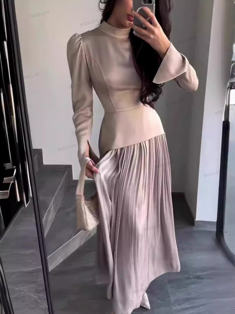Color Block Splicing Slim Fit Lace-Up Long Sleeve Maxi Dress Newgew Dresses