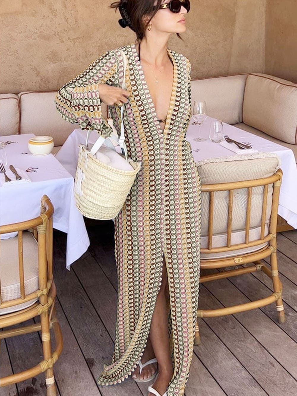 Boho V Neck Bell Sleeve Wavy Striped Crochet Beach Vacation Maxi Dress - Brown Newgew Dresses