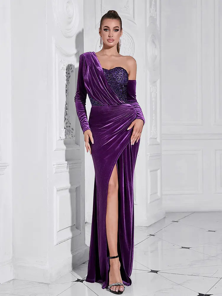 Purple Sequin High-Slit Long Dress Newgew Dresses