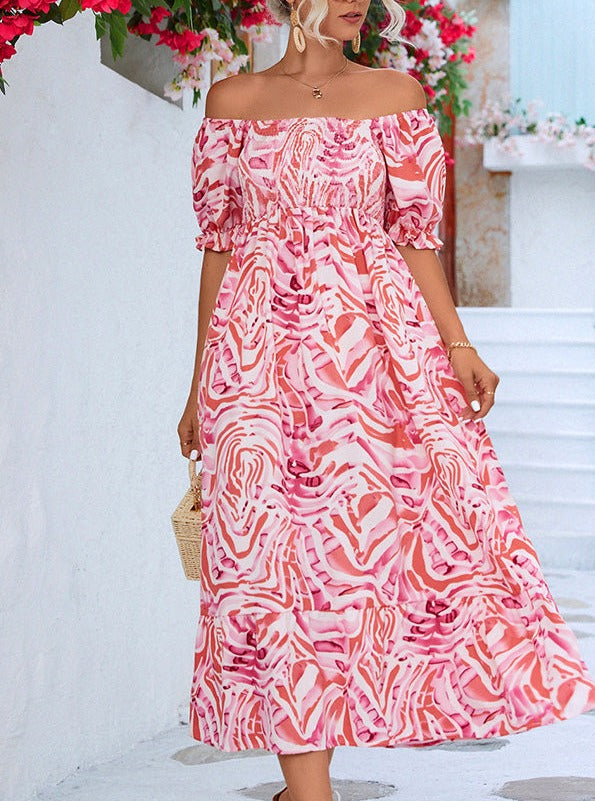 Smocked Print Off The Shoulder Midi Dress Newgew Dresses