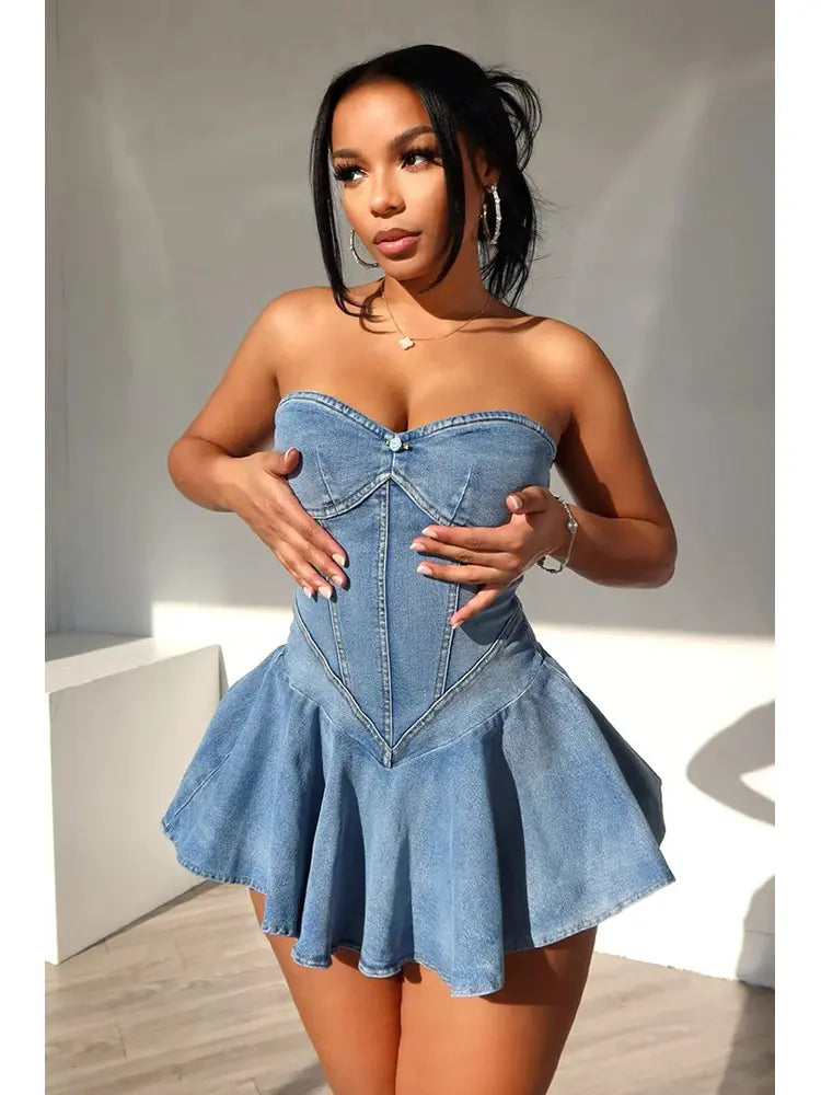 Strapless Ruffle Denim Dress Newgew Dresses