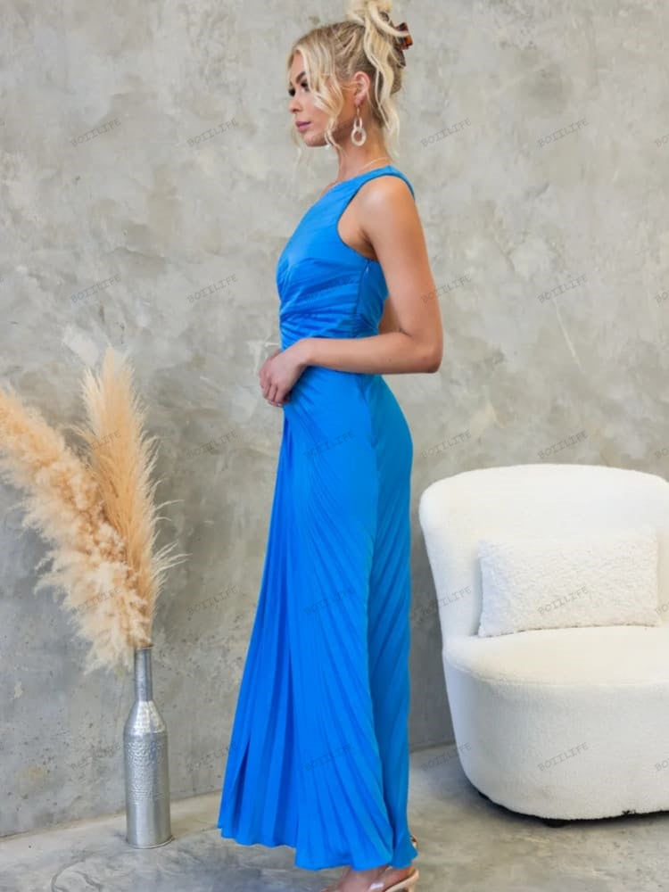 Pleated One-Shoulder Cut-Out Waist Gown Newgew Dresses