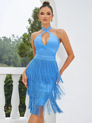 Halter Blue Fringe Bandage Dress Newgew Dresses