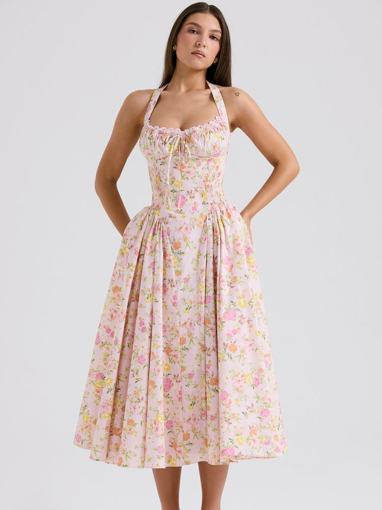 Pink Meadow Print Backless Midi Tank Dress Newgew Dresses