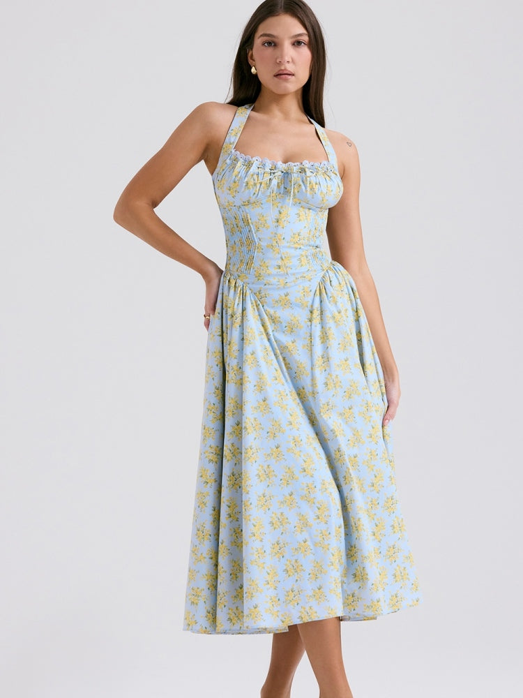 Soft Blue Vintage Floral Print Backless Tank Dress Newgew Dresses