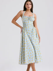 Soft Blue Vintage Floral Print Backless Tank Dress Newgew Dresses