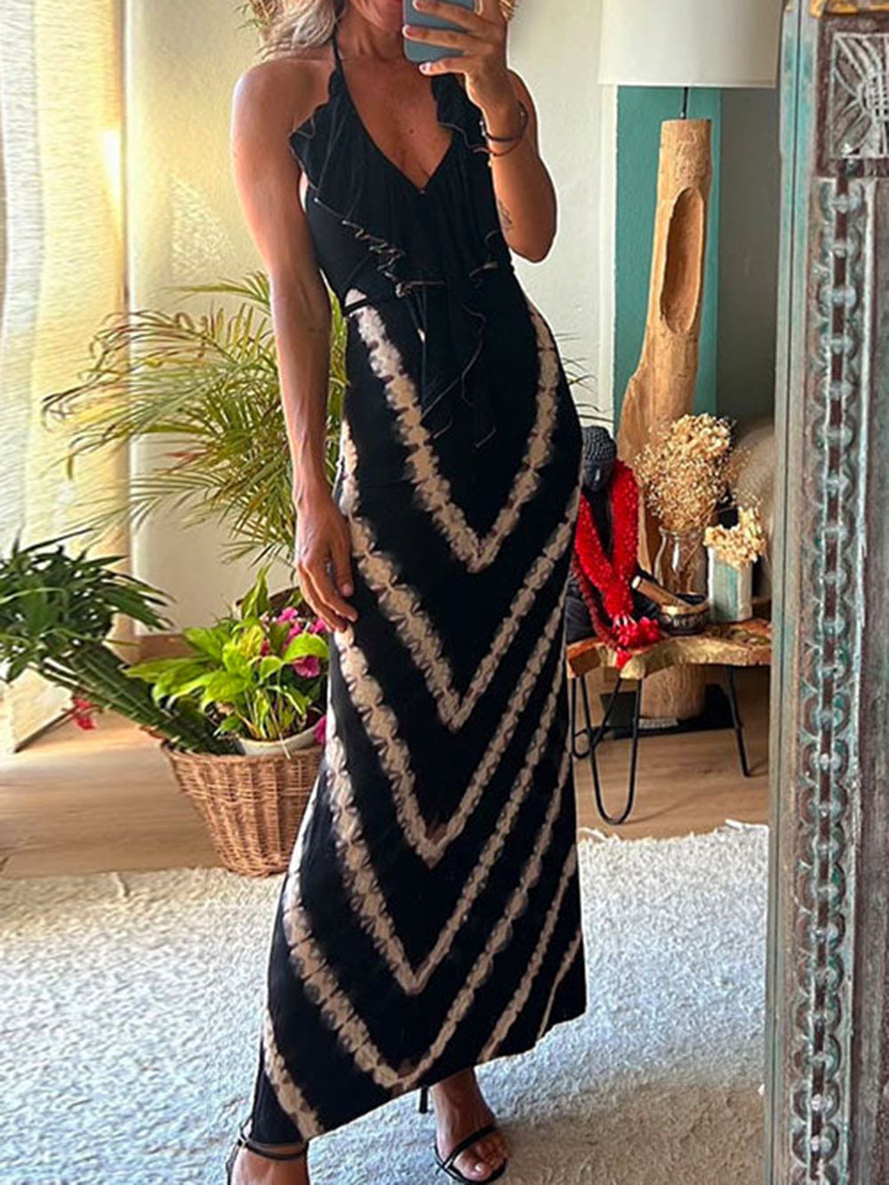 Paulawow Halter V Neck Ruffle Drape Front Printed Maxi Dress Newgew Dresses