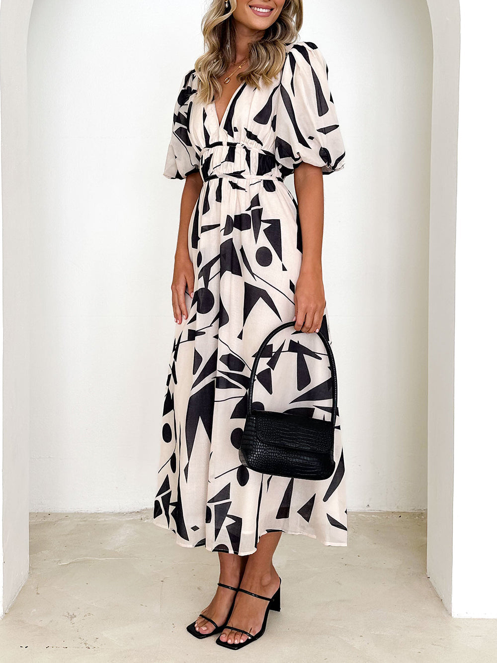 Sakura Midi Dress - Beige Geo Newgew Dresses