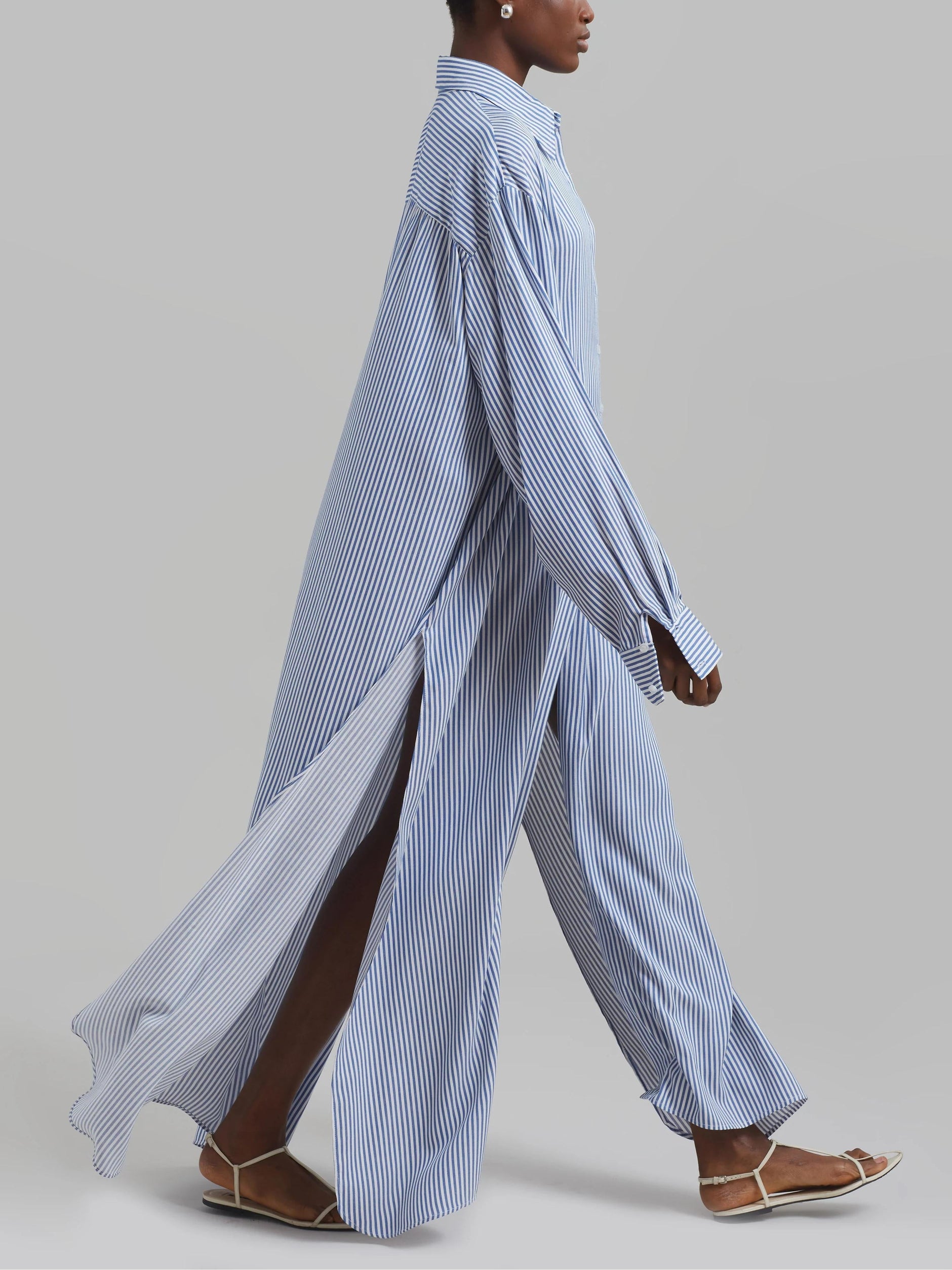 Avery Fluid Shirt Dress - White/Blue Stripe Newgew Dresses