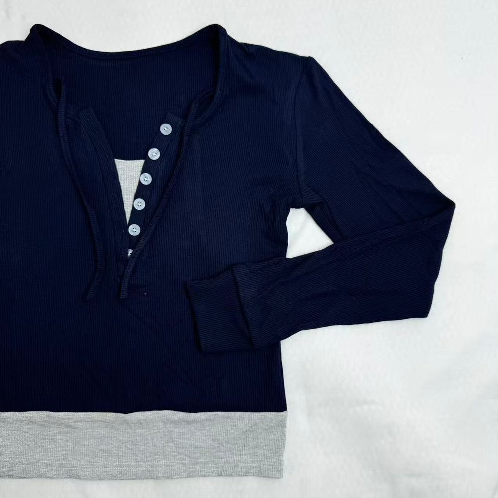 Color-Blocked Faux Two-Piece Long-Sleeved Top PinTow