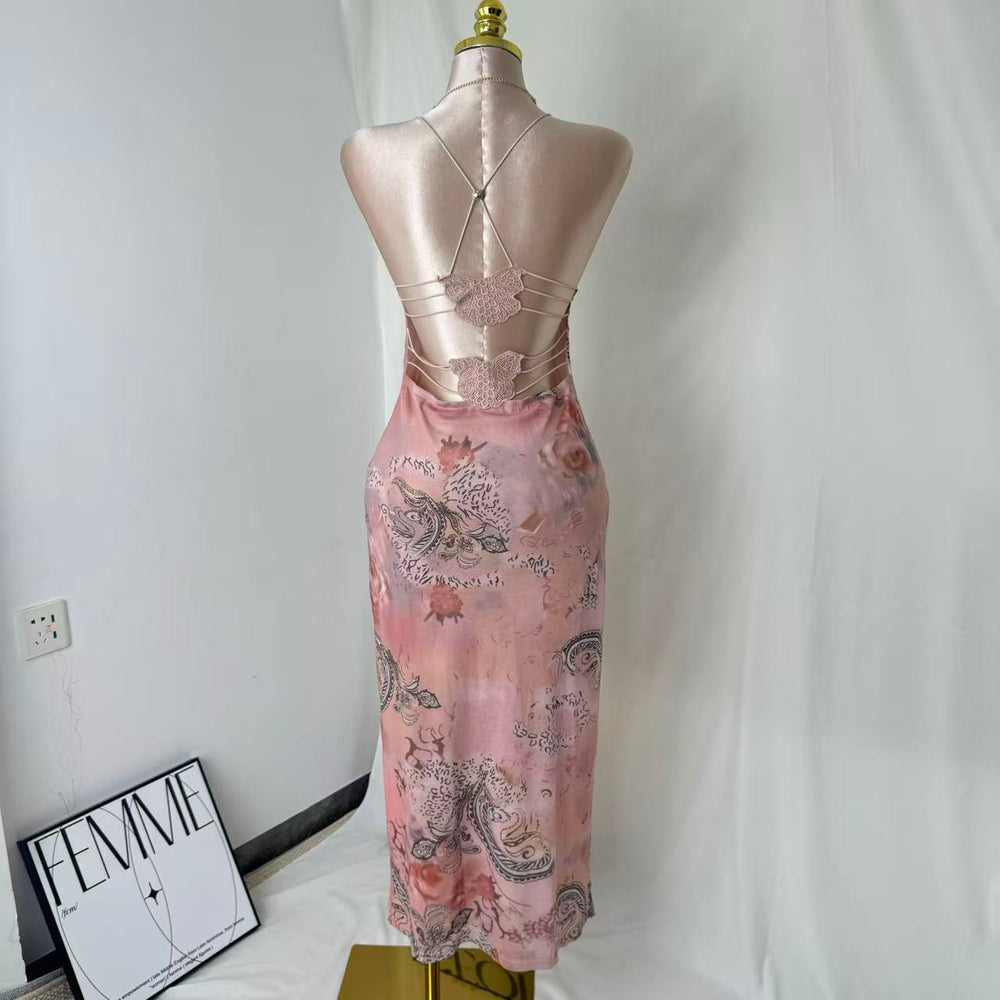Neck-Length Fitted Printed A-Line Dress PinTow