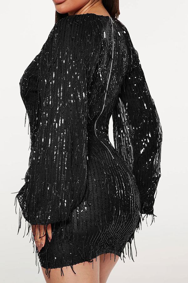 Sequined Tassel Party Deep V Neck Mini Dress NewGew