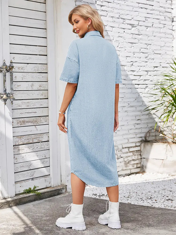 Loose-Fit Denim Short-Sleeve Maxi Dress Newgew Dresses