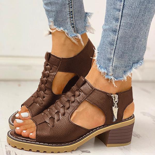 Peep Toe Cutout Zipper Chunky Heeled Sandals NewGew