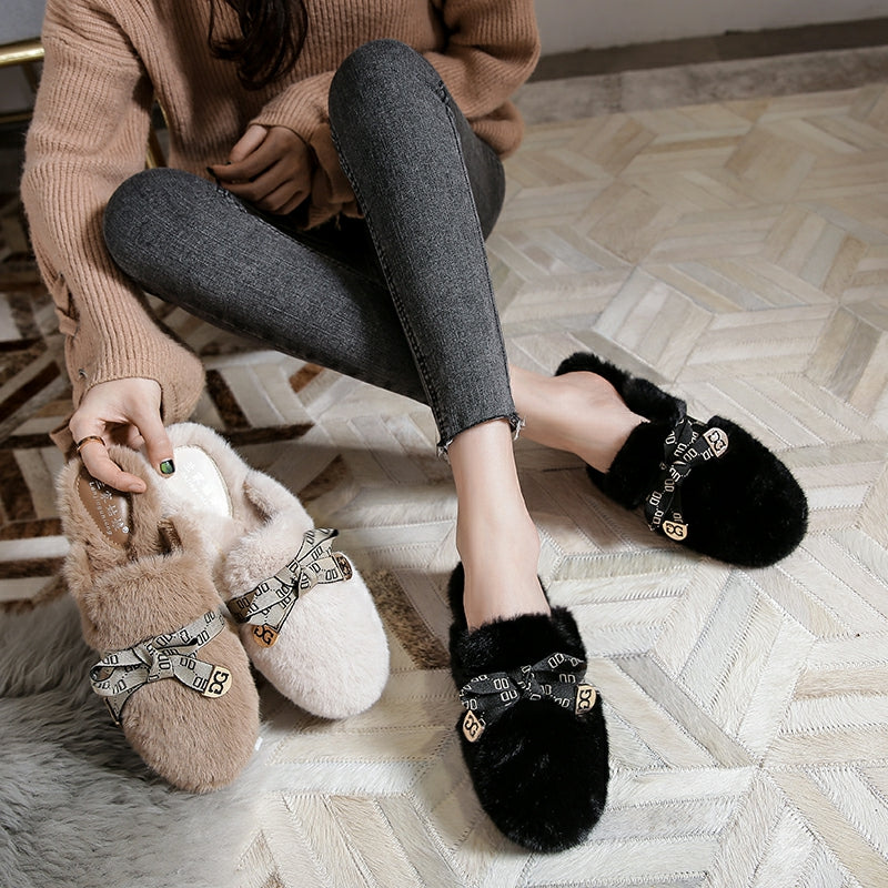 Women Fashion Bowknot Winter Furred Mules Newgew Shoes