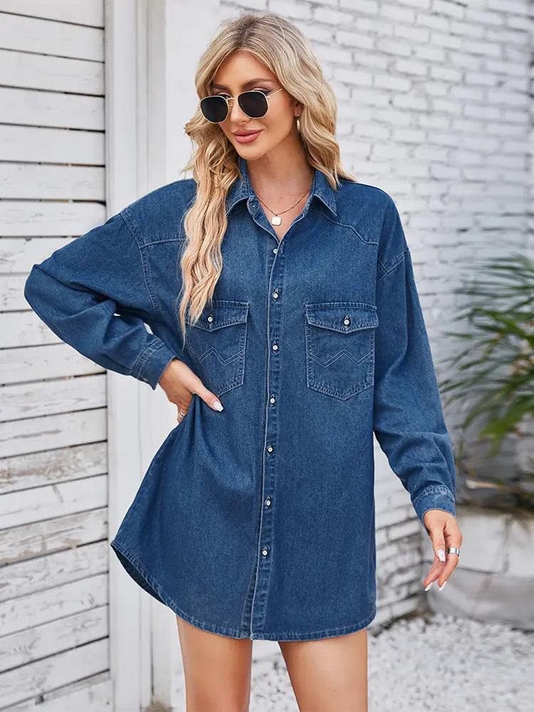 Vintage Washed Denim Long-Sleeve Midi Dress Newgew Dresses