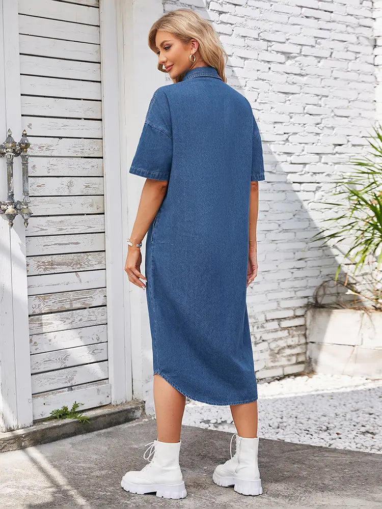 Loose-Fit Denim Short-Sleeve Maxi Dress Newgew Dresses